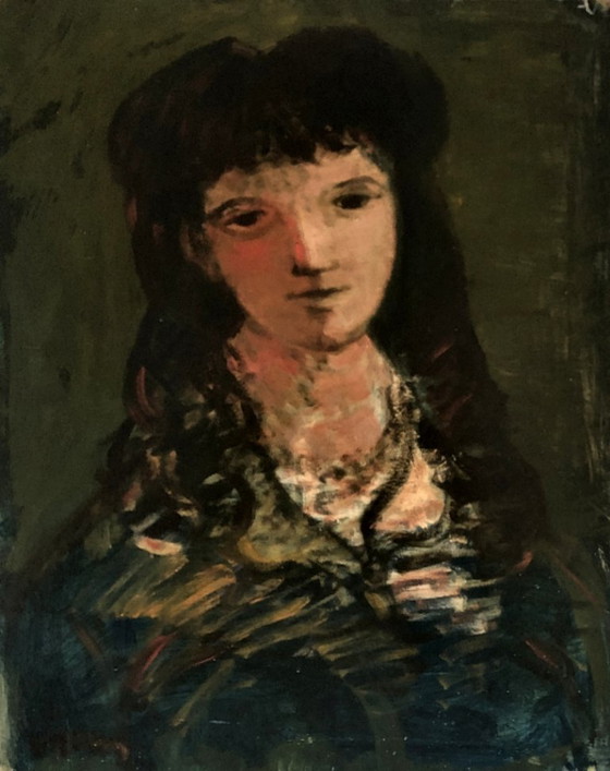 Image 1 of Portrait Woman with Hat Oil Painting signed French Expressionist Sylvain Vigny