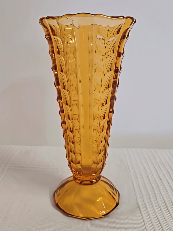 Image 1 of Vintage Ząbkowice Vase – Amber Pressed Glass (Mid-Century / 1970s)