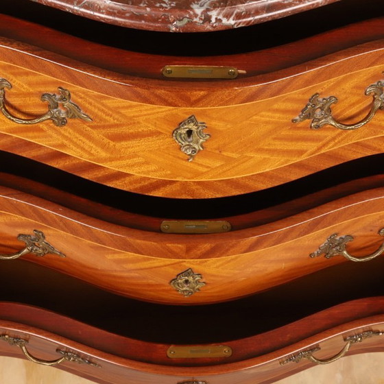 Image 1 of Marquetry Chest of Drawers — Mixed-Wood Veneer, Brass Mounts & Marble Top, 20th Century