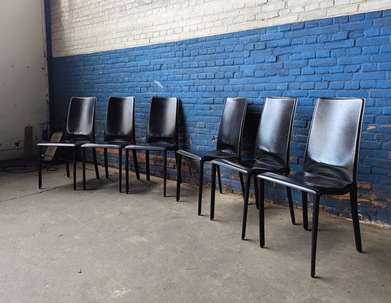 Image 1 of 6x vintage Italiaanse eetstoelen- zwart leer- Ciacci Kreaty 