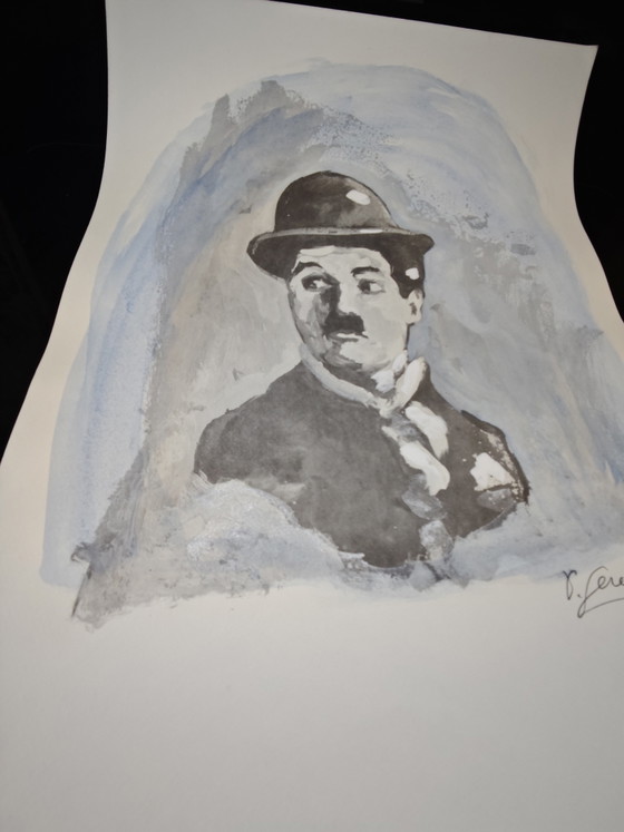 Image 1 of Lithografie van Charlie Chaplin in een lijst