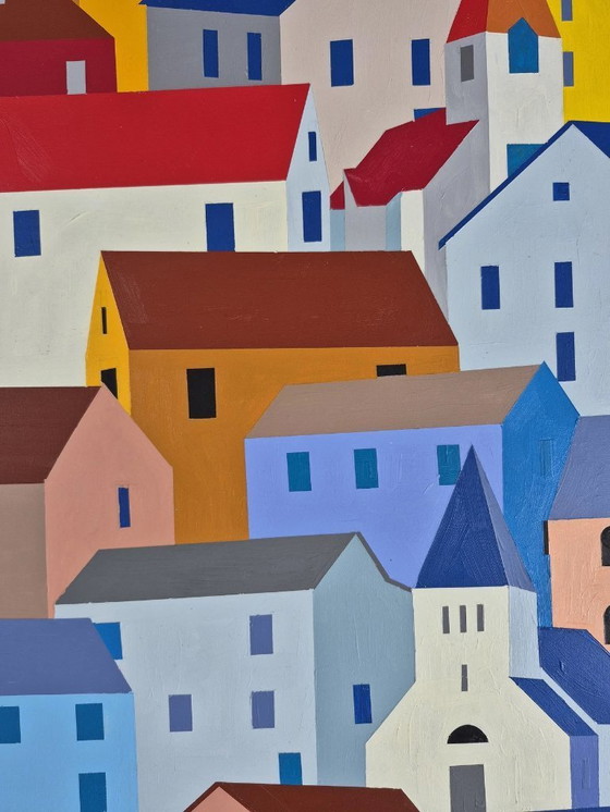 Image 1 of Paisaje urbano abstracto "Casas llenas" - pintura en color sobre MDF de Franklin van Dam (95x95 cm)