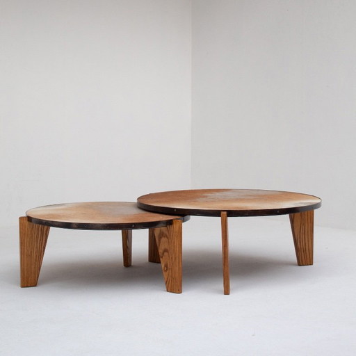Set of Cowhide Coffee Tables with Wood Base