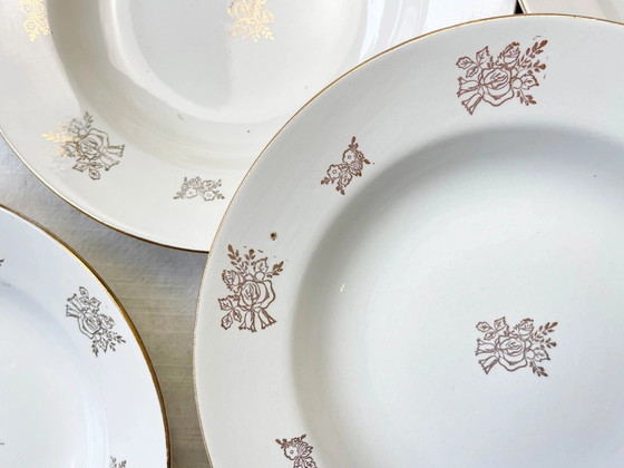 6 Vintage Digoin & Sarreguemines France 1950 Porseleinen Diepe Borden met Kleine Gouden Bloemen – Servies (photo 13 of 14)