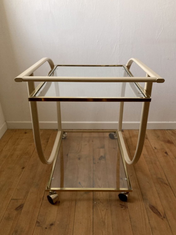 Vintage 1970s rolling serving cart in glass, cream metal and gold finish – Bar carts (photo 7 of 14)