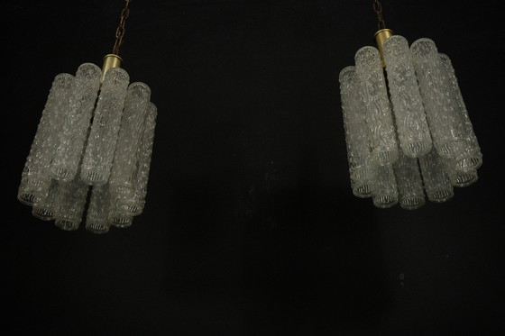 Image 1 of Pair of Murano Glass and Brass Chandeliers in the Style of Toni Zuccheri, Italy 1970s