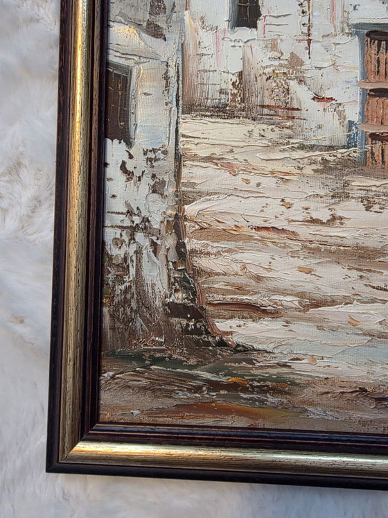 Atmospheric Village Scene, Oil on panel, Signed 'Pascual', Includes classic wooden frame, Art, Canvas, Beige (photo 5 of 9)