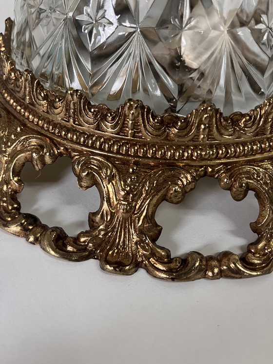 Image 1 of Vintage Hollywood Regency plafonnière messing met kristal glas kap