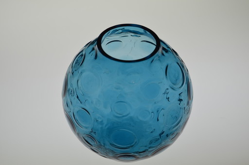 Glass vase blue with bubbles in vintage ball shape