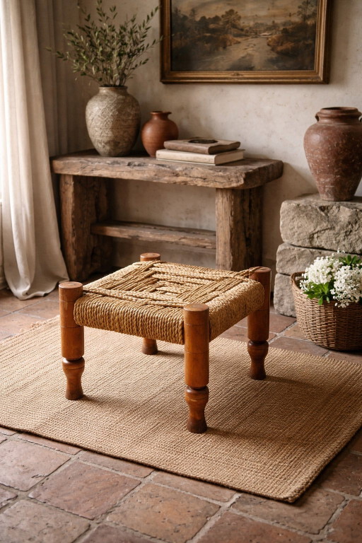 Französischer Seilhocker im Stil von Audoux-Minet, Mid-Century Modern
