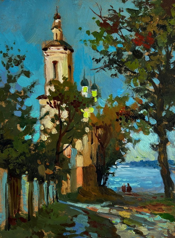 Image 1 of Original Oil Painting Summer Church Landscape Towers of the monastery