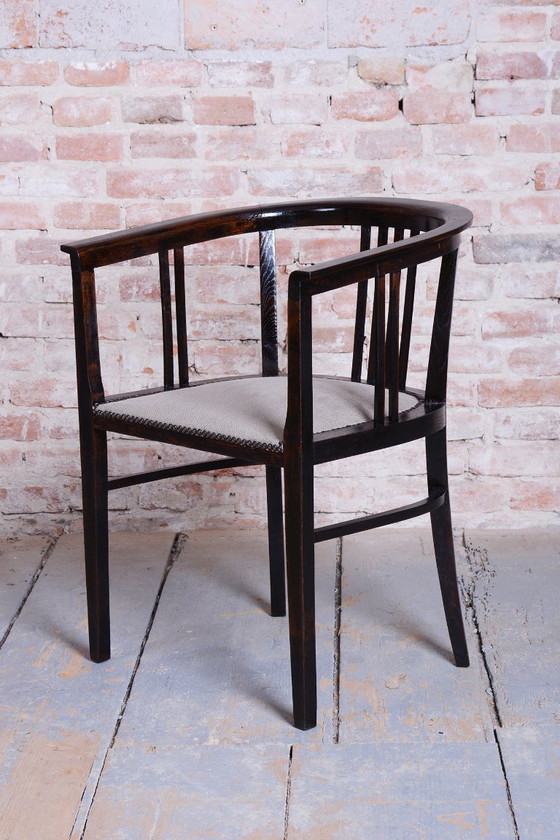Restored Art Deco Armchair, Oak, Repolished, Reupholstred, Czech, 1920s – Textile, Wood (photo 4 of 15)