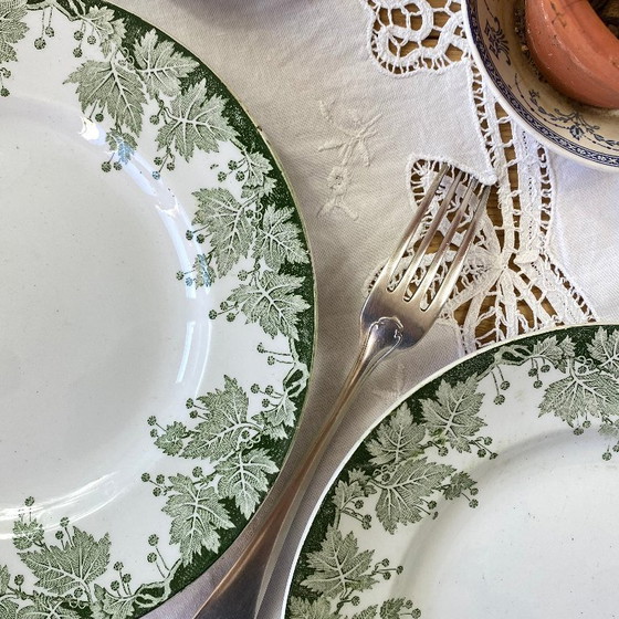 Image 1 of Set of 6 Saint Amand et Hamage ironstone dinner plates, green plane tree pattern