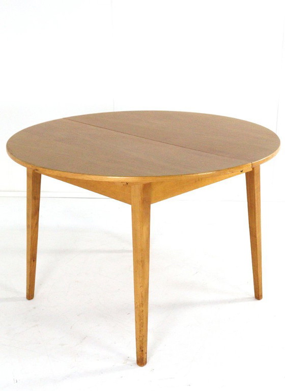 Image 1 of Beech dining set round dining table + 4 vintage dining chairs in the style of Pastoe