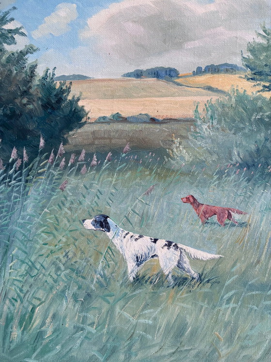 Image 1 of Grande peinture à l'huile originale vintage représentant un paysage avec un chien