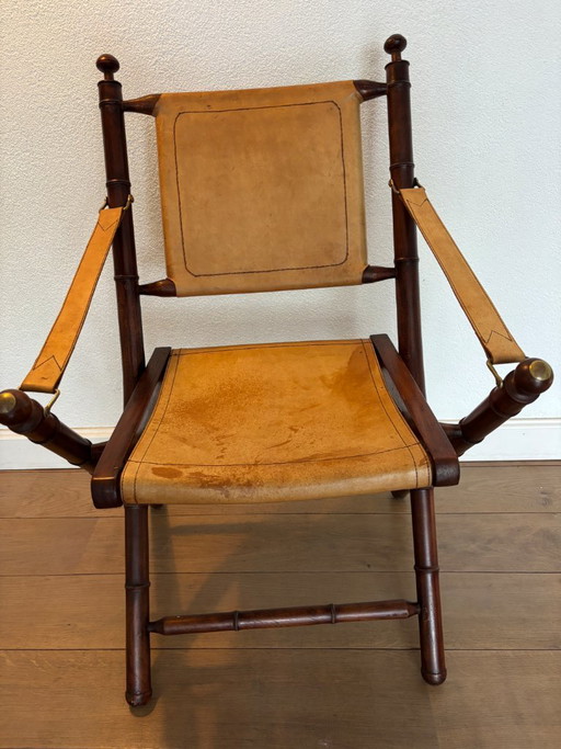 Silla de oficial - tapizada en madera y cuero - estilo campaña militar