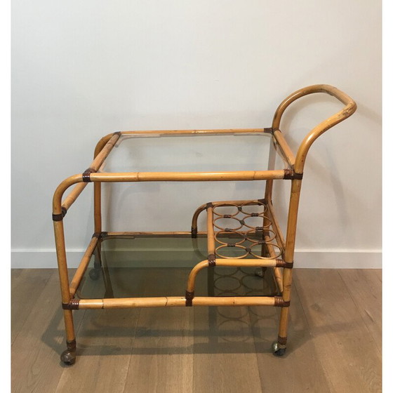 Image 1 of Rattan and leather vintage cart, France 1950