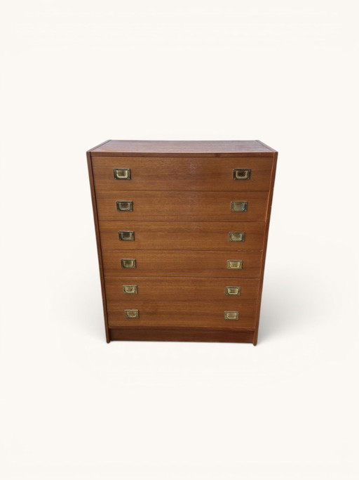 Cómoda danesa de teca con tiradores de latón. – ladekasten, Wood, Brass