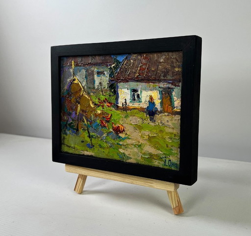 Original Oil Painting Summer Village Landscape Quiet evening courtyard
