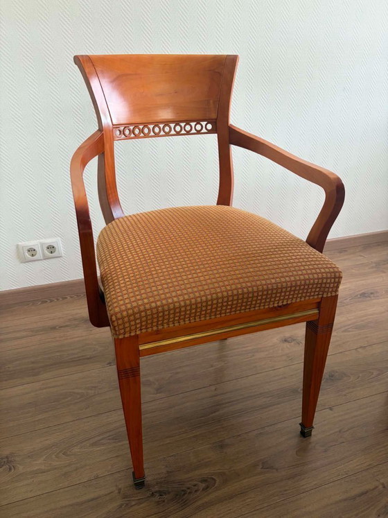 Image 1 of round wooden dining table with glass top and 4 matching chairs