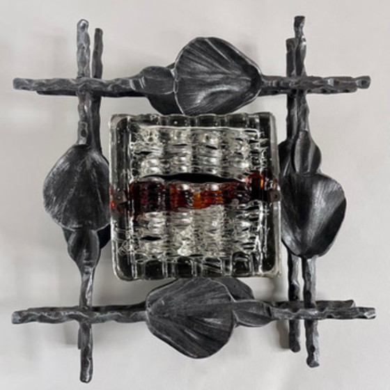 Image 1 of Pair of Brutalist wall sconces – Hand-Forged iron with Artistic glass – Italy 1960s–70s