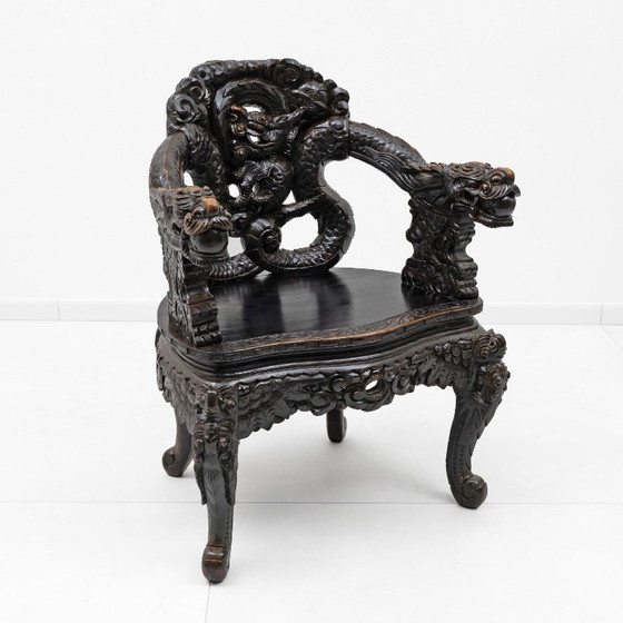 Image 1 of Pair of Chinese Qing Dynasty Carved Dragon Armchairs, Ebonized Hardwood, 19th
