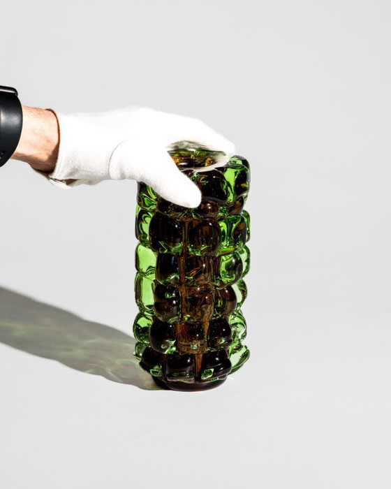 Image 1 of Skrdlovice “Ananas” Vase by František Vízner, 1971 Amber & Green Czech Art Glass