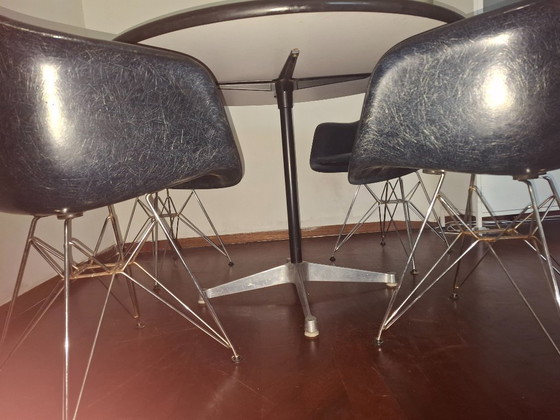 Image 1 of iconic Charles & Ray Eames, Herman Miller, authentic Fiberglass dark blue Shell Chairs, with "Eiffel" base