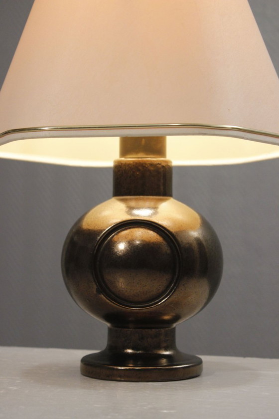 Image 1 of Vintage ceramic lamp base, black and gold enamel, 1950s Jouve style