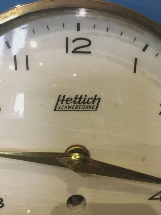 Orologio da parete Hettich Schwenningen, cassa blu turchese, anni '50-'60, Oggetti decorativi, Plastica, Ottone (foto 2 di 5)