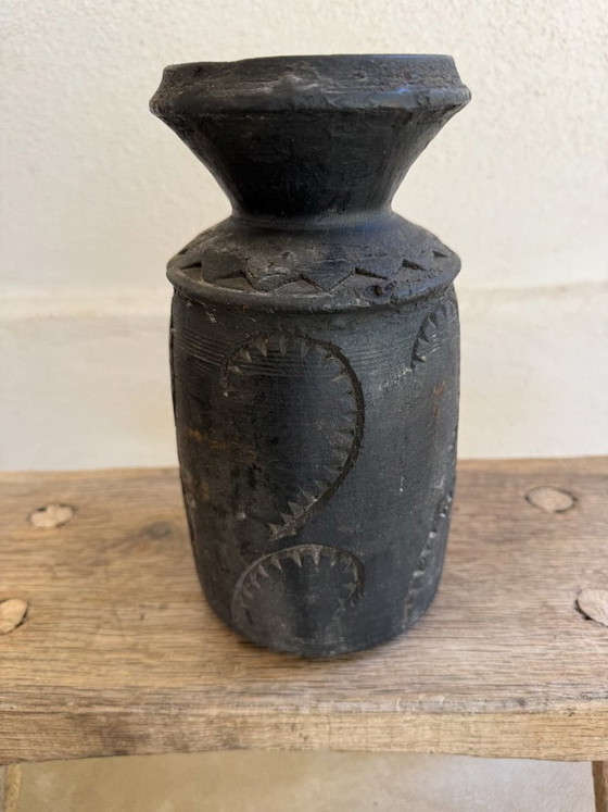 Image 1 of Set of 3 Nepalese Indian pots, carved black wood, tribal & wabi-sabi style