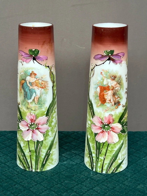 Pair of opaline vases. Hand-painted. (photo 3 of 7)