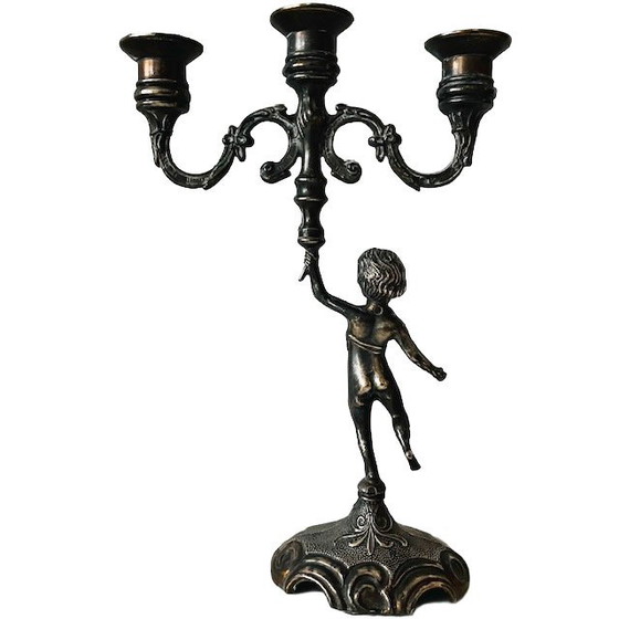 Image 1 of Vintage zware messing Putti Cherubijn 3-armige kandelaar 1960's