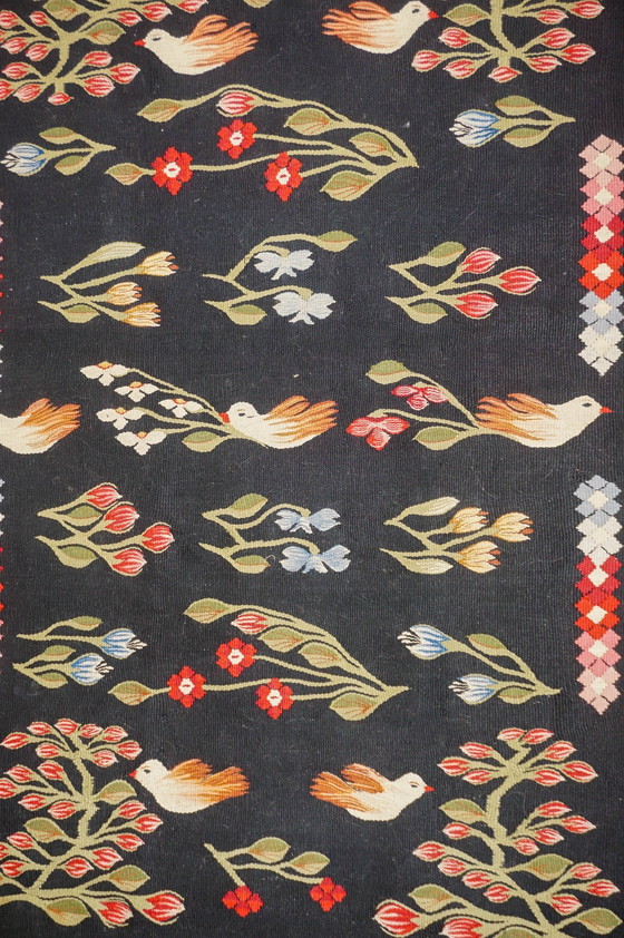 Image 1 of Vintage Oltenian Handwoven Bessarabian Kilim Rug with Birds, Tulips, and Flowers - Romanian Floral Woolen Wall Tapestry