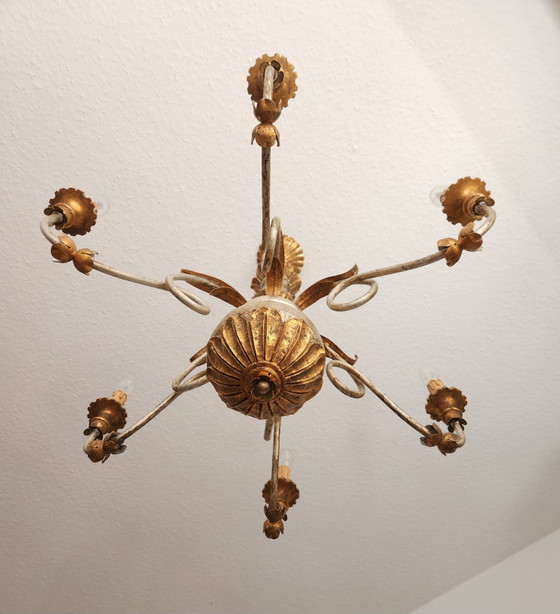 Lámpara de araña antigua, dorada, plateada, de madera - Estilo rococó Luis XV florentino, Italia (photo 8 of 15)