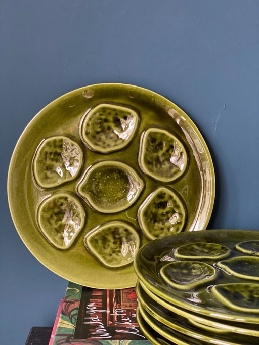 Niderviller set of 6 vintage oyster plates deep green