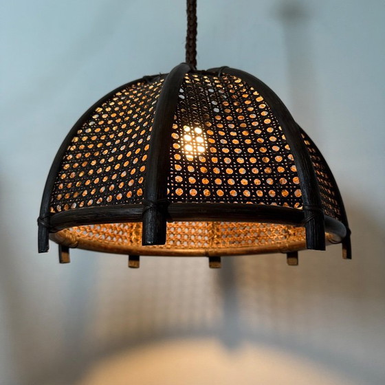 Image 1 of Vintage rattan and webbing hanging lamp 1970s retro