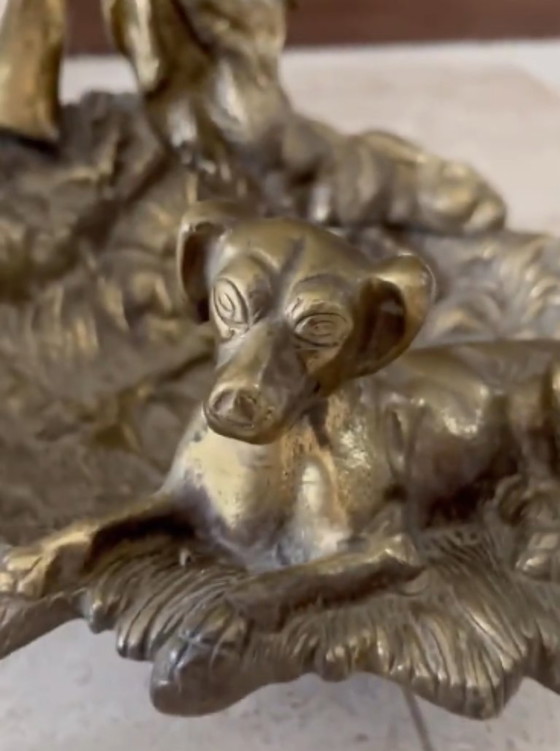 Image 1 of Portaombrelli o portautensili da camino in ottone vintage con scena di caccia