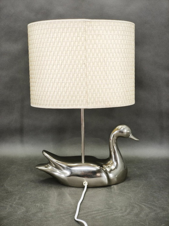 Image 1 of Italian Chrome Duck Table Lamp with Original Shade, 1970s