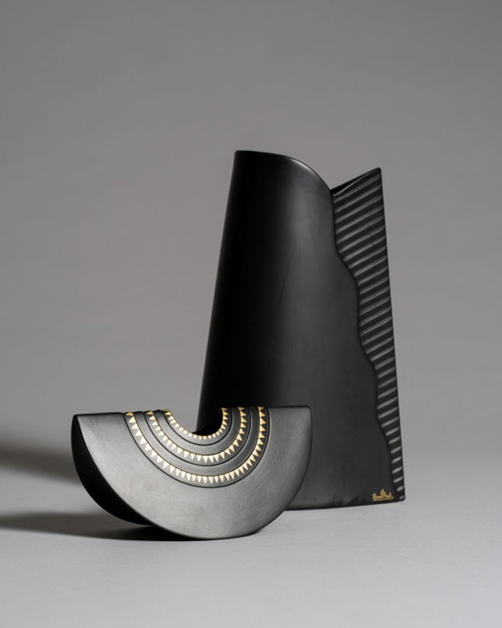 Image 1 of Rosenthal Porcelain Noire Vase Duo Uta Feyl “Memphis” & Ambrogio Pozzi “Totem"