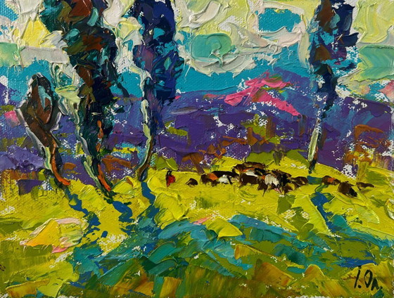 Image 1 of Original Oil Painting: Summer Field Landscape Poplars Above the Path in Fog