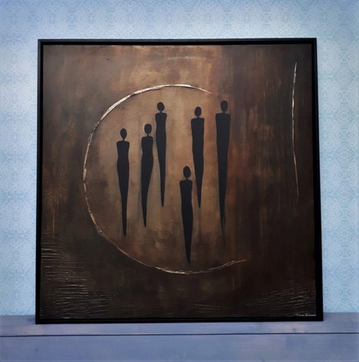 frances eckhardt - peinture figurative 6 figures sombres 90x90 cm encadré