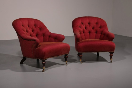 Image 1 of Pair of French Red fabric Button Back Armchairs 