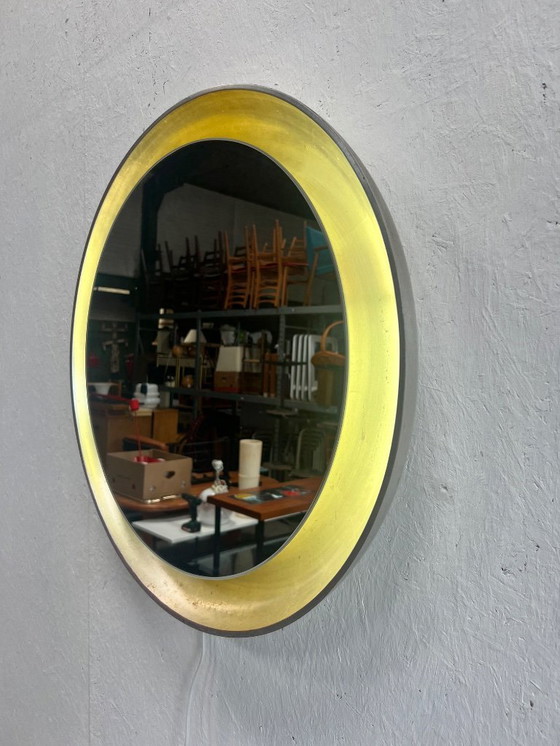 Image 1 of Vintage Round Wooden Wall Mirror With Lighting, Xl, 1970's