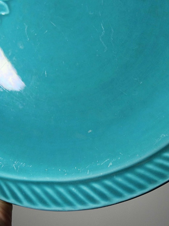 Image 1 of Set of 5 vintage turquoise earthenware fish plates from the 1960s-70s