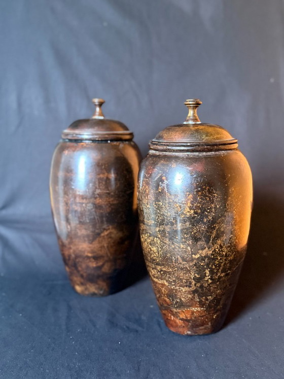 Two vintage wooden vases with lid, brown, Metal (photo 5 of 10)