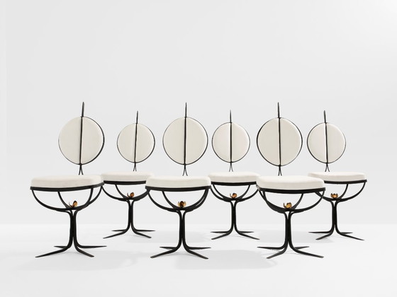 Image 1 of French brutalist wrought iron alcantara set of 6 chairs 1990