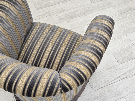 Image 1 of 1960s Danish Lounge Chair, Blue/Beige Furniture Velour, Beech Wood Legs