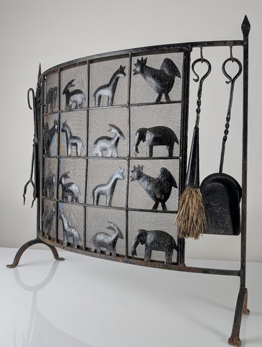Paravent en fer forgé à motif animalier Atelier Marolles, années 1950