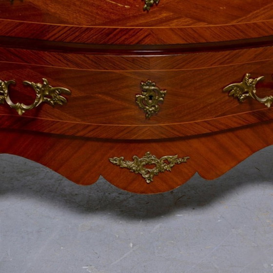 Image 1 of Vintage Louis XV style bombé commode in marquetry - stone top - 3 drawers